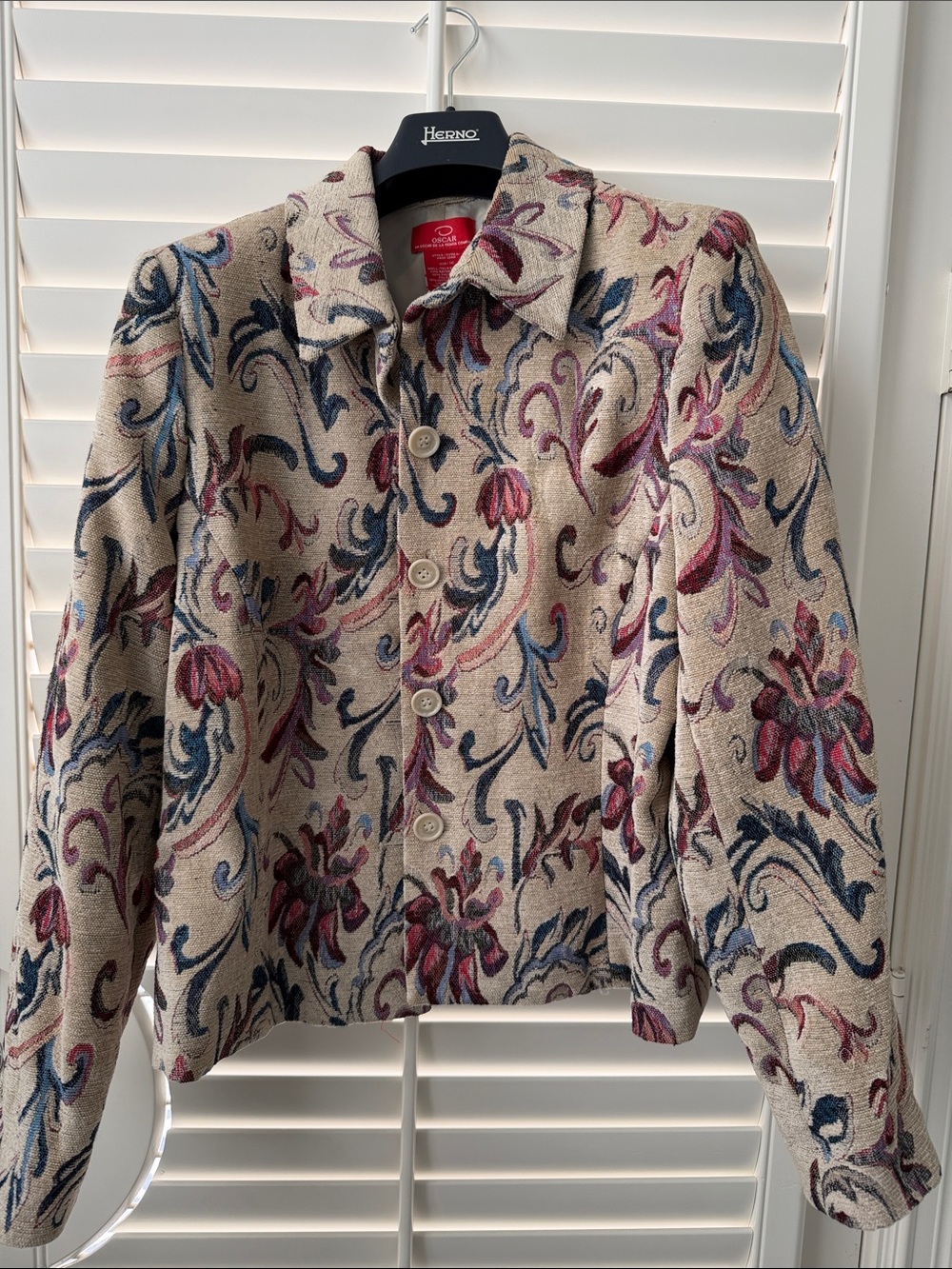 Oscar de la Renta Beige Floral Tapestry Jacket with Pink & Blue Motifs